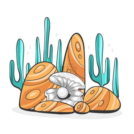 Ilustración de Ilustración vectorial de un collage sobre el tema marino de conchas, estrellas de mar, medusas, etc. en un estilo de dibujos animados. - Imagen libre de derechos