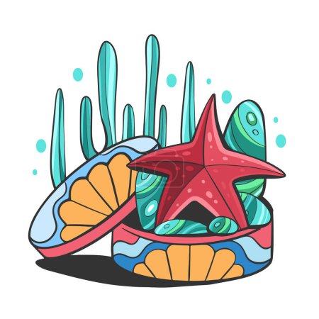 Illustration for Vector illustration of a collage on the marine theme of shells, starfish, jellyfish, etc. in a cartoon style. - Royalty Free Image