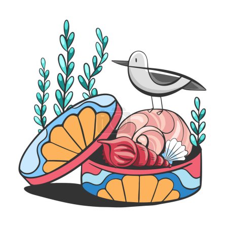 Illustration for Vector illustration of a collage on the marine theme of shells, sea pebbles and a seagull in a cartoon style. - Royalty Free Image