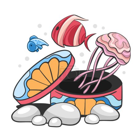 Ilustración de Ilustración vectorial de un collage sobre el tema marino de conchas, estrellas de mar, medusas, etc. en un estilo de dibujos animados. - Imagen libre de derechos