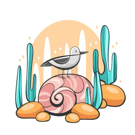 Illustration for Vector illustration of a collage on the marine theme of shells, sea pebbles and a seagull in a cartoon style. - Royalty Free Image