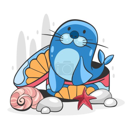 Ilustración de Ilustración vectorial de un collage sobre el tema marino de conchas, guijarros marinos y un sello en un estilo de dibujos animados. - Imagen libre de derechos