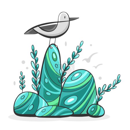 Ilustración de Ilustración vectorial de un collage sobre el tema marino de conchas, guijarros marinos y una gaviota en un estilo de dibujos animados. - Imagen libre de derechos