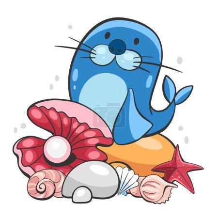 Ilustración de Ilustración vectorial de un collage sobre el tema marino de conchas, guijarros marinos y un sello en un estilo de dibujos animados. - Imagen libre de derechos