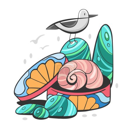 Ilustración de Ilustración vectorial de un collage sobre el tema marino de conchas, guijarros marinos y una gaviota en un estilo de dibujos animados. - Imagen libre de derechos