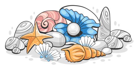 Illustration for Vector illustration of seashells, starfish, shell with pearls on the seabed in cartoon style. - Royalty Free Image