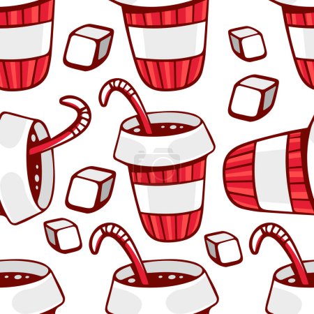 Illustration for Vector pattern of chilled drinks with a straw in cartoon style. - Royalty Free Image