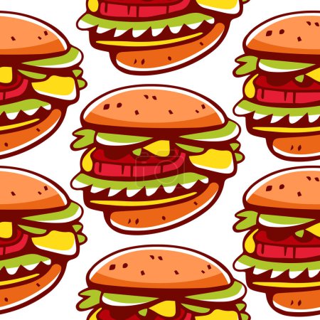 Téléchargez les illustrations : Modèle vectoriel de cheeseburgers dans le style de dessin animé. - en licence libre de droit