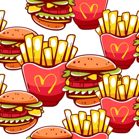 Illustration for Vector pattern of McDonald's cheeseburgers and french fries in cartoon style. - Royalty Free Image