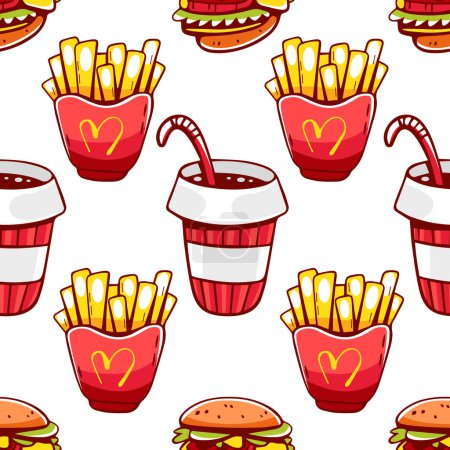 Ilustración de Patrón vectorial de hamburguesas, papas fritas y bebidas estilo de dibujos animados de McDonald 's. - Imagen libre de derechos