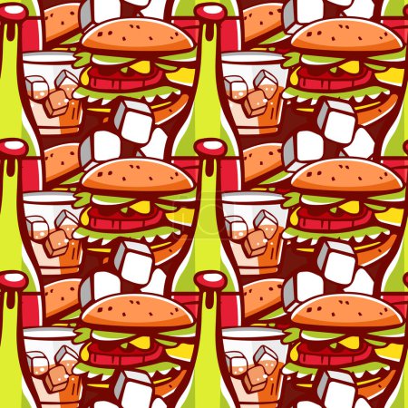 Téléchargez les illustrations : Modèle vectoriel de hamburgers et bouteilles de vin dans le style de dessin animé. - en licence libre de droit