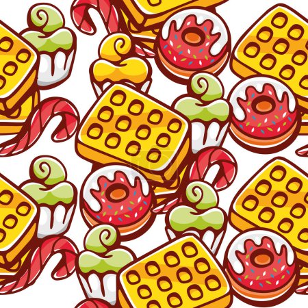 Ilustración de Patrón vectorial sobre el tema de los dulces en estilo de dibujos animados. Donuts, helados, pasteles, gofres. - Imagen libre de derechos