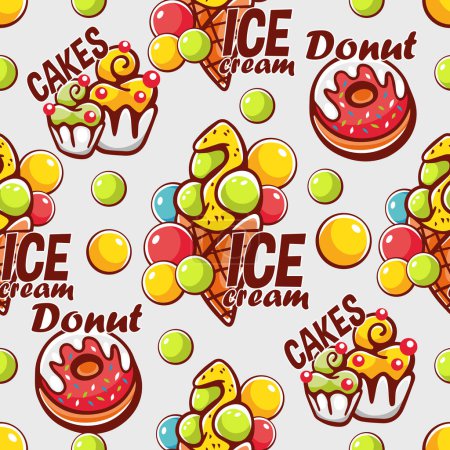 Téléchargez les illustrations : Modèle vectoriel avec des bonbons. Gaufres, cupcakes, glaces, gâteaux. - en licence libre de droit