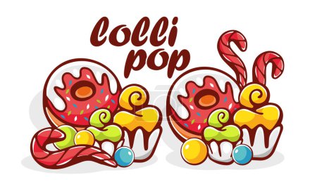 Illustration for Vector illustration of sweets, lollipops, donuts and lollipop lettering in cartoon style. - Royalty Free Image