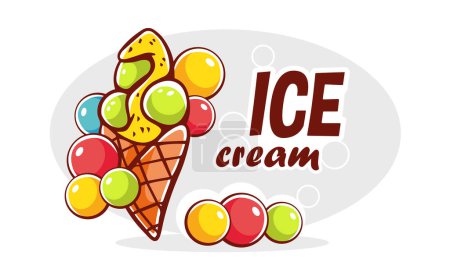 Téléchargez les illustrations : Illustration vectorielle de crème glacée et de lettrage à la crème glacée dans le style dessin animé. - en licence libre de droit