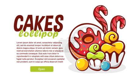 Téléchargez les illustrations : Illustration vectorielle de desserts et lettrage en style dessin animé. - en licence libre de droit