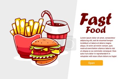 Téléchargez les illustrations : Illustration vectorielle de la restauration rapide en style dessin animé et lettrage : frites, soda, hamburger. - en licence libre de droit