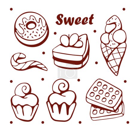 Téléchargez les illustrations : Ensemble vectoriel de bonbons en style ligne. Donut, tarte, gaufre, cupcake, crème glacée et sucette. - en licence libre de droit