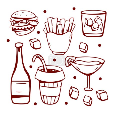 Téléchargez les illustrations : Ensemble vectoriel de nourriture et boissons pour une fête dans le style de la ligne. Vin, cocktail, frites, cheeseburger, glace. - en licence libre de droit
