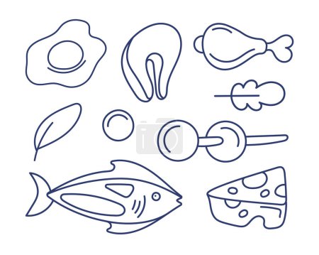 Ilustración de Conjunto de iconos vectoriales sobre el tema de la comida: huevos revueltos, pata de pollo, salmón, filete, queso, etc. en línea y estilo garabato. - Imagen libre de derechos
