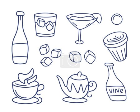 Téléchargez les illustrations : Un ensemble d'icônes vectorielles sur le thème des boissons : bouteille de vin, cocktail, théière, thé, whisky, glace, etc. en ligne et style doodle. - en licence libre de droit