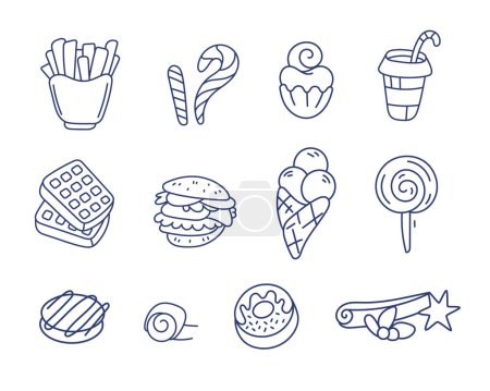 Téléchargez les illustrations : Ensemble d'icônes vectorielles sur le thème de la restauration rapide : hamburger, beigne, sucette, crème glacée, frites, gaufres, etc. en ligne et style doodle. - en licence libre de droit