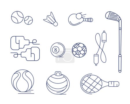Ilustración de Conjunto de iconos vectoriales sobre el tema de los deportes: tenis, tenis de mesa, hockey, bumbinton, fútbol, gimnasia, etc. en línea y estilo garabato. - Imagen libre de derechos