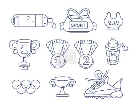 Illustration for Set of vector icons on the theme of sports victories in line and doodle style. - Royalty Free Image