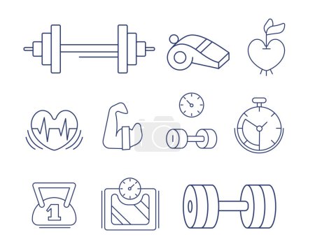 Ilustración de Conjunto de iconos vectoriales sobre el tema de los deportes, atletismo y gimnasia en línea y estilo doodle. - Imagen libre de derechos