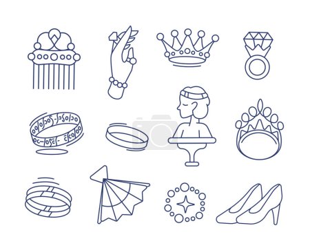 Illustration for Set of vector icons on the theme of beauty and jewelry: comb, ring, crown, diadem, fan, ring, shoes, etc. in line and doodle style. - Royalty Free Image