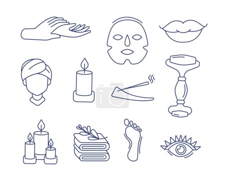 Illustration for A set of vector icons on the theme of beauty: hand cream, cosmetic mask, aroma candles, massager, lips, etc. in line and doodle style. - Royalty Free Image