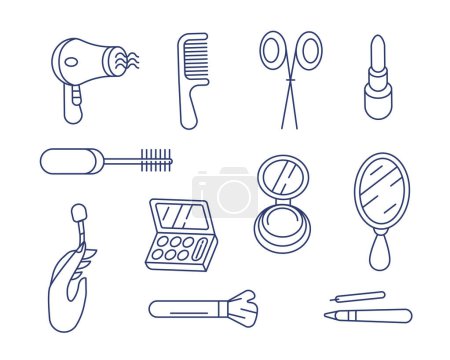 Illustration for A set of vector icons on the theme of beauty: hair dryer, comb, scissors, lipstick, mascara, mirror, cosmetic bag, etc. in line and doodle style. - Royalty Free Image
