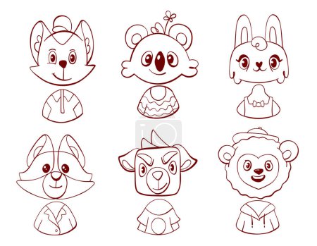 Ilustración de Vector avatar pegatinas con personajes animales de dibujos animados lindo en estilo de línea: león, conejo, gato, perro, mapache y koala. - Imagen libre de derechos