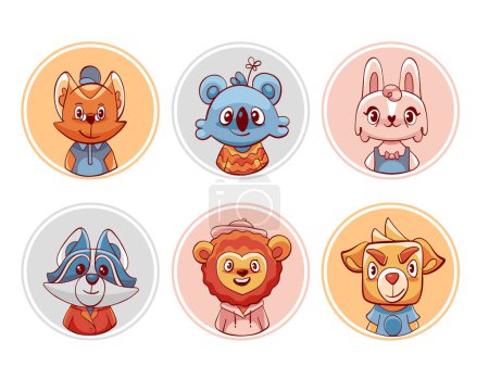 Illustration for Vector avatar stickers with cute cartoon animal characters: lion, rabbit, cat, dog, raccoon and koala. - Royalty Free Image