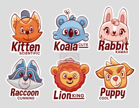 Ilustración de Vector avatar pegatinas con personajes animales de dibujos animados lindo: león, conejo, gato, perro, mapache y koala. - Imagen libre de derechos