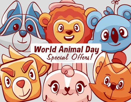 Téléchargez les illustrations : Bannière vectorielle avec personnages animaux de dessin animé mignons : lion, lapin, chat, chien, raton laveur et koala. - en licence libre de droit