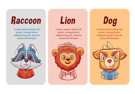 Téléchargez les illustrations : Cartes vectorielles de raton laveur de dessin animé mignon, lion et chien. - en licence libre de droit
