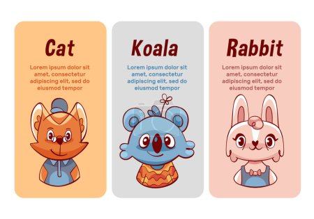 Téléchargez les illustrations : Cartes vectorielles de chats de dessin animé mignons, lapins et koalas. - en licence libre de droit