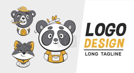 Téléchargez les illustrations : Logos vectoriels avec des animaux mignons : panda, ours et renard dans le style de dessin animé. - en licence libre de droit
