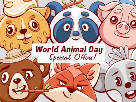 Illustration for Vector poster with cute animals: pig, panda, bear, mouse, fox and ram in cartoon comic style. - Royalty Free Image