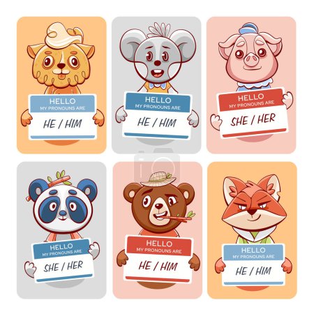 Ilustración de Tarjetas vectoriales con animales lindos: ovejas, panda, ratón, oso, cerdo y zorro en estilo de dibujos animados. - Imagen libre de derechos