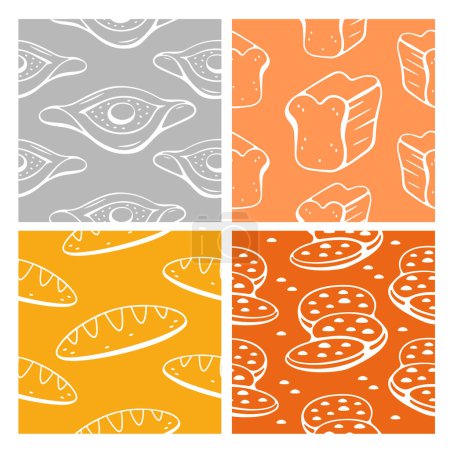 Téléchargez les illustrations : Motifs vectoriels sur le thème de la cuisson, pain, cupcake, khachapuri en ligne et style doodle. - en licence libre de droit