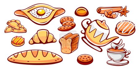 Téléchargez les illustrations : Ensemble d'éléments vectoriels de boulangerie, pain, croissant, biscuits, boulettes, khachapuri, thé, épices, cupcake en style dessin animé. - en licence libre de droit