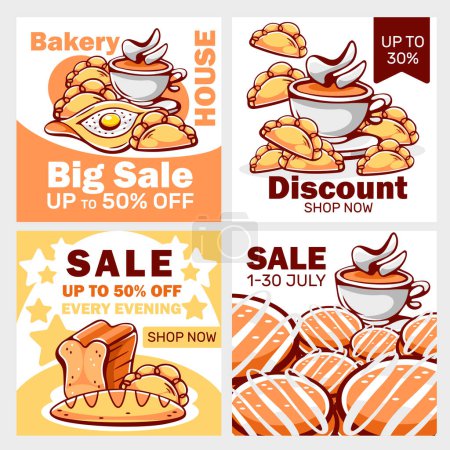Ilustración de Panadería vector cartel conjunto, pan, croissant, galleta, dumpling, khachapuri, té, especias, cupcake en estilo de dibujos animados. - Imagen libre de derechos