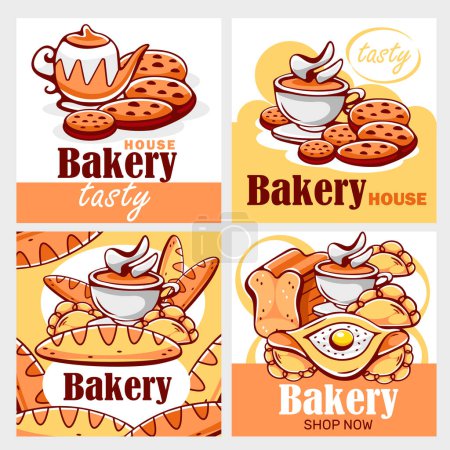 Illustration for Bakery vector poster set, bread, croissant, biscuit, dumpling, khachapuri, tea, spices, cupcake in cartoon style. - Royalty Free Image