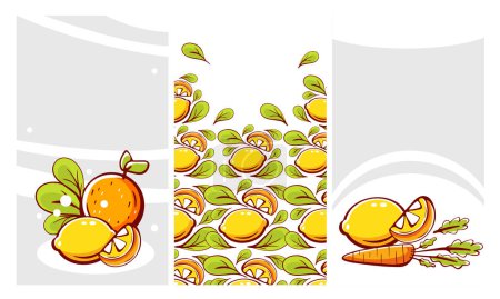 Téléchargez les illustrations : Un ensemble de motifs vectoriels en style dessin animé sur le thème des agrumes et des aliments sains. - en licence libre de droit