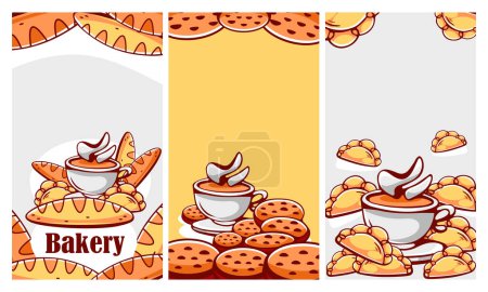 Illustration for A set of vector patterns in cartoon style on the theme of pies, tea and tea parties. - Royalty Free Image