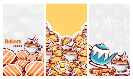 Téléchargez les illustrations : Un ensemble de motifs vectoriels en style dessin animé sur le thème des tartes, thé et tisanes. - en licence libre de droit