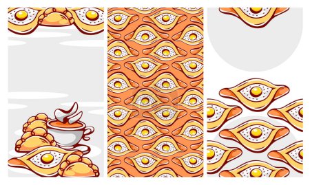 Ilustración de Un conjunto de patrones vectoriales en estilo de dibujos animados sobre el tema de los pasteles de khachapuri. - Imagen libre de derechos