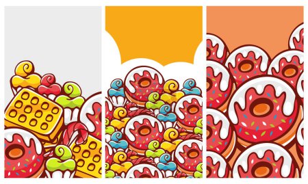 Illustration for Set of vector patterns in cartoon style on the theme of sweets and lettering. - Royalty Free Image
